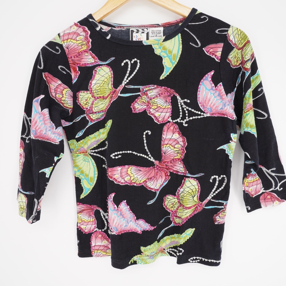 90s Y2K Butterfly Print Sequin Black Tee Small 3/4 Sleeve Baddie Fairy Cotton
